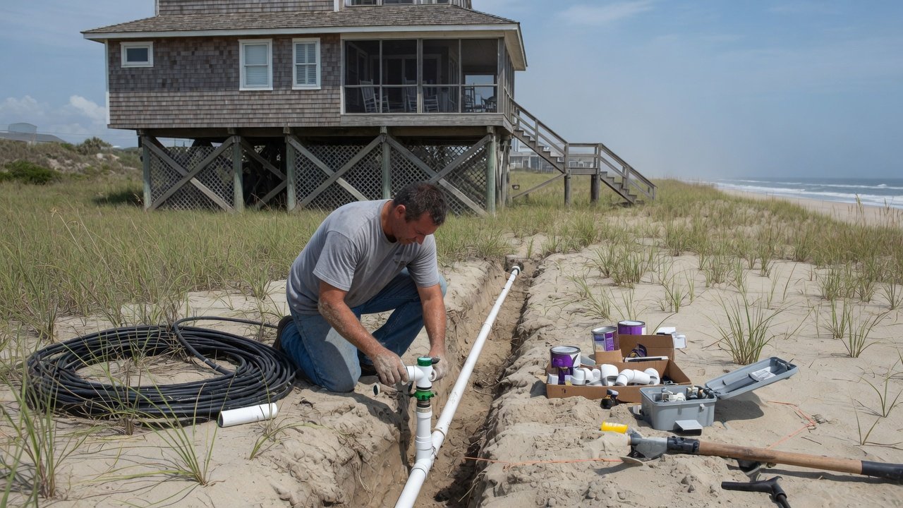 Contractor installing an irrigation system at an Outer Banks beach property